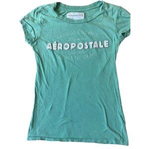 Aeropostale Y2K Shirt Womens Medium Green Embroidered Spell Out Logo Preppy